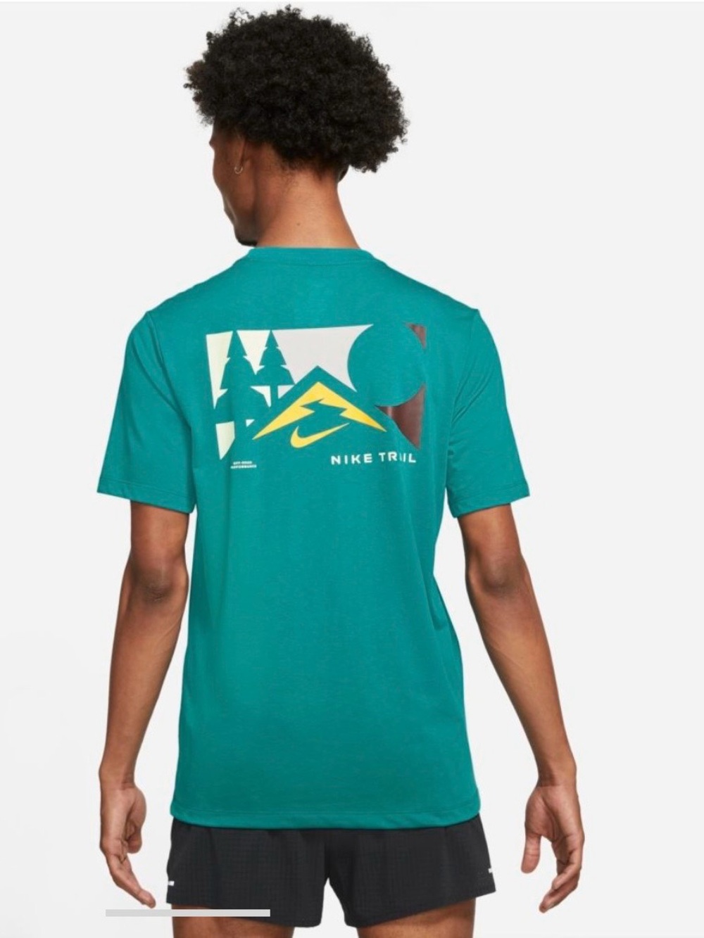 Nike Men's Teal Trail Graphic T-Shirt with Yellow Accent